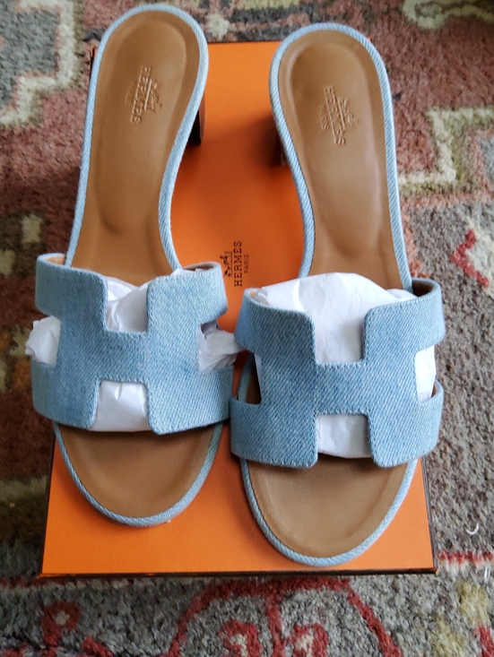 Hermes Shoes - Hermes Light Blue Denim Oran Slide Mules